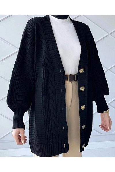 Sun Art Knitting Păr negru tricotat cu mânecă cu balon Tricoturi lungi pentru femei Cardigan tricotat (80 cm)