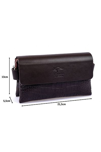 KANGAROO KINGDOM Men's Portfolio & Clutch Handbag Genuine Calf Leather Napa & Crocodile Dark Brown 9288-fck