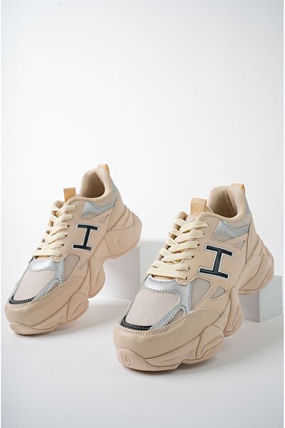 pasyone Μπεζ γυναικεία αθλητικά παπούτσια με ψηλή σόλα