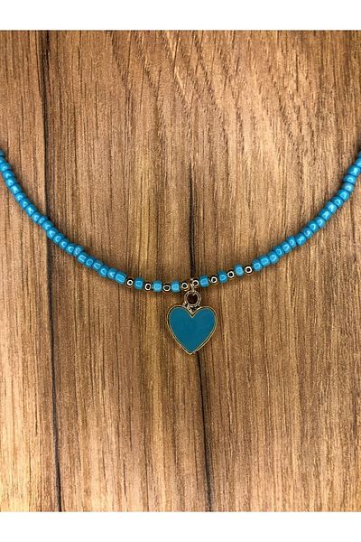 Stoneday Heart Turquoise Blue Color Special Design Gold Detailed Heart Sand Bead Necklace