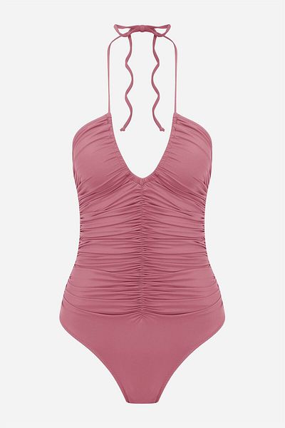 AQUELLA Halter Collar Gathered Dried Rose Swimsuit