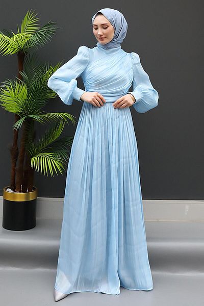 GİZ AGİYİM Baby Blue Silk Μουσουλμανικό Φόρεμα