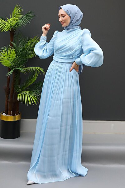 GİZ AGİYİM Baby Blue Silk Μουσουλμανικό Φόρεμα