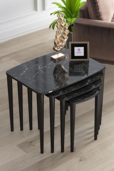 Canisa Telwe Serisi Mdf 1.sınıf 4lü Zigon Sehpa Takımı/siyah Mermer Desen