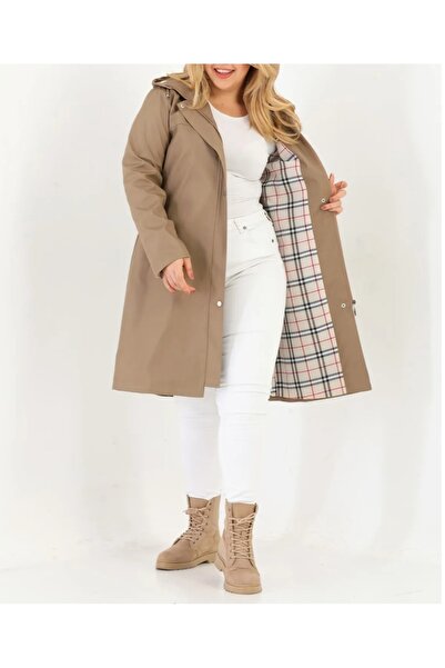 YASEŞA BUTİK ANNE KADIN GENÇ BÜYÜK BEDEN KUM RENGİ CEPLİ FERMUARLI ÇITÇITLI KAPŞONLU TRENÇKOT