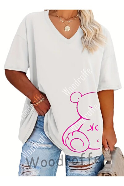 WOODROFFE تي شيرت نسائي أبيض كاجوال كبير الحجم مطبوع برقبة على شكل حرف V