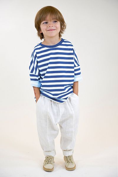 Catz Kids Vera Linen - White and Navy Blue Striped Carrot Pants + Combed Cotton T-Shirt