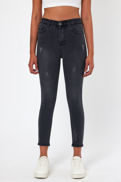 ModaDeniz Jeans High Waist Lycra Recovery Denim Trousers - Dark Gray and Nail Detailed