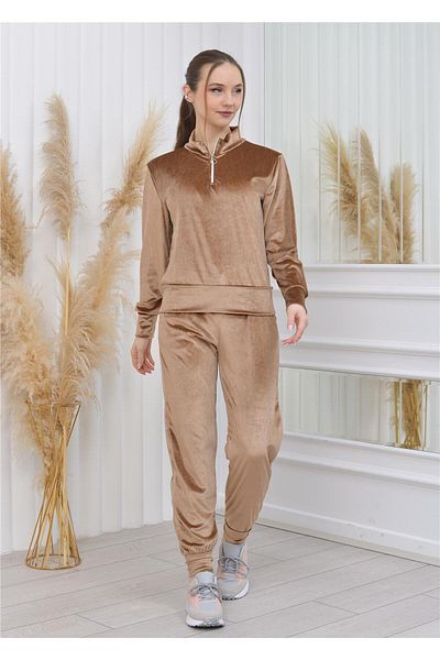 Nuseel Collared Velvet Set with Half Zipper Gold Color