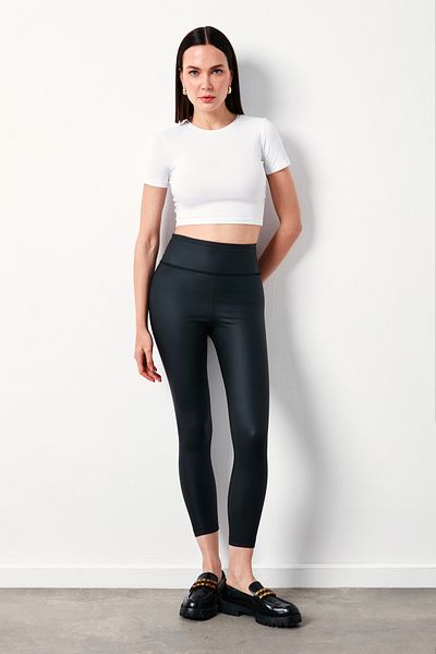Sateen Leggings din piele cu talie înaltă - NEGRE