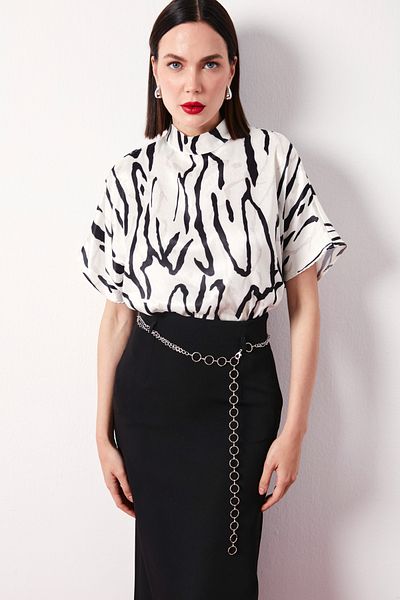 Sateen Black Patterned Bat Sleeve Blouse