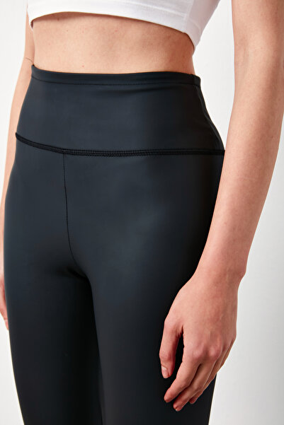 Sateen High Waist Leather Leggings - Black
