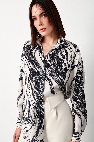 Sateen Cămașă lungă cu model - NEGRU-ECRU