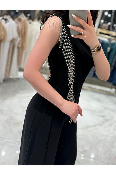 missswans Black Tereza Jumpsuit - Side Tie and Chain Stone Detail