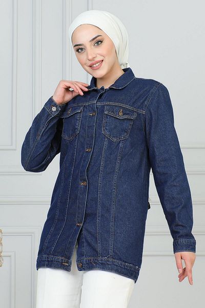 Modamihram Dunkelblaue Jeansjacke mit Knöpfen - 6105
