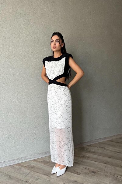 Seda Yalçın Atelier Beyaz Puantiyeli Vatkalı Pencere Detaylı Elbise