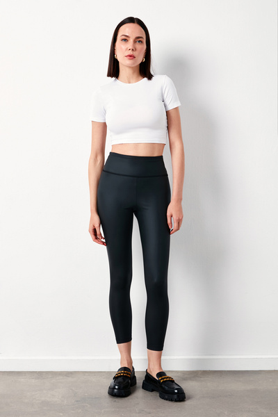 Sateen High Waist Leather Leggings - Black
