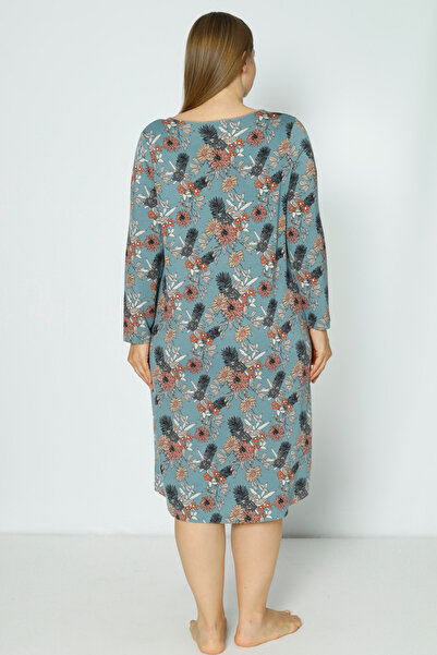 Lagertha by İntensive Plus Size Patterned Long Sleeve Lycra Viscose Nightgown