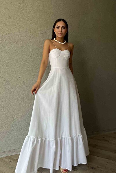 Seda Yalçın Atelier Μακρύ λευκό φόρεμα με λεπτομέρεια γραβάτας στο λουράκι