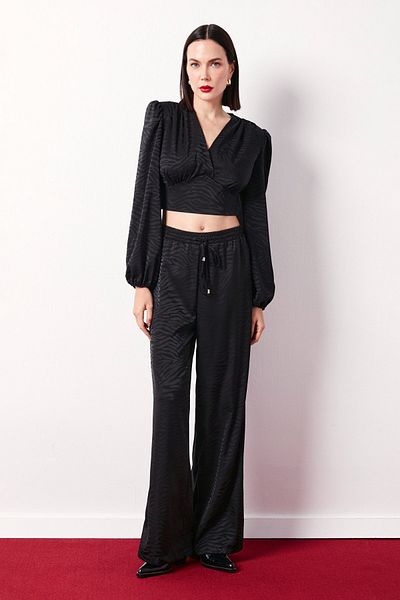Sateen Patterned Double Breasted Satin Blouse - Black