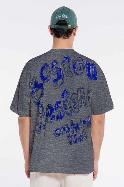 Friday Offset Pika Men's Gray Oversize Melange T-Shirt - 60% Cotton, 40% Polyester, Crew Neck