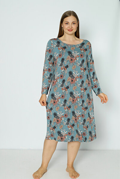 Lagertha by İntensive Plus Size Patterned Long Sleeve Lycra Viscose Nightgown