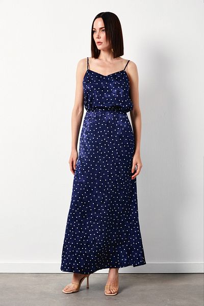 Sateen Fusta lungă bleumarin - model cu buline