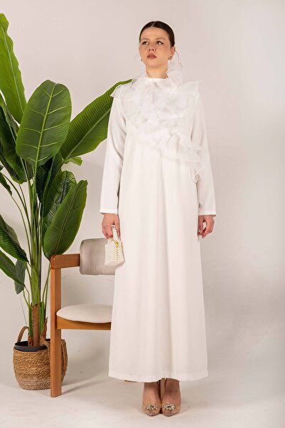 Melike Tatar Ecru Frilly Collar Crepe Dress 32-6064