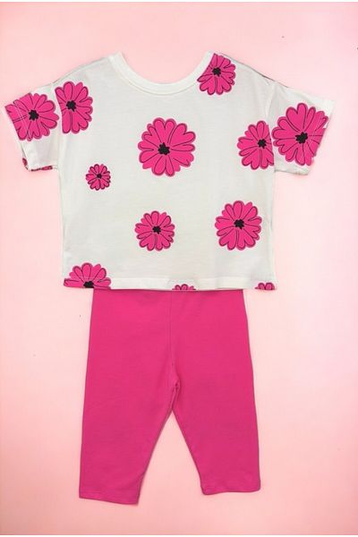 CİCHLİD Floral Print T-Shirt and Leggings for Girl - Crew Neck, Short Sleeve