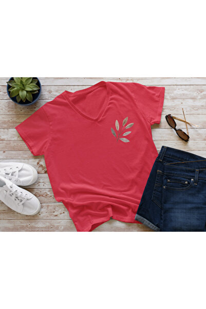 FAVORİST تي شيرت قطني برقبة على شكل حرف V مطبوع عليه فرع الزيتون