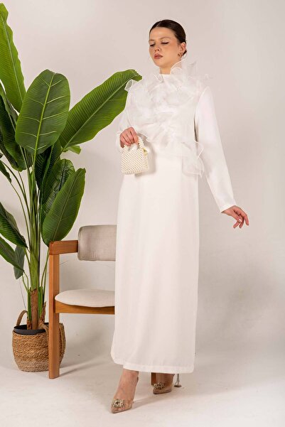 Melike Tatar Ecru Frilly Collar Crepe Dress 32-6064