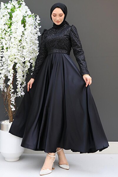 GİZ AGİYİM Black Satin Evening Dress - Embroidered