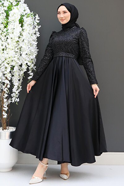 GİZ AGİYİM Black Satin Evening Dress - Embroidered
