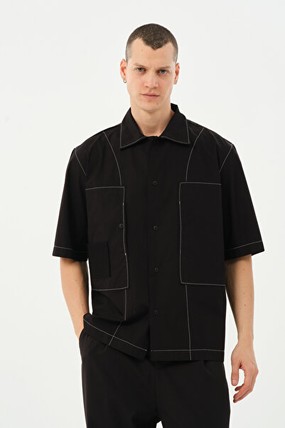Ex-pent Erkek Pamuklu Poplin Kontrast Dikişli Siyah Gömlek GE9218-5293