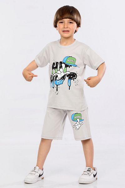 MORNIO Boy's Hip-Hop Printed 2-Piece Set 100% Cotton T-shirt and Shorts MRN3102728-1VF