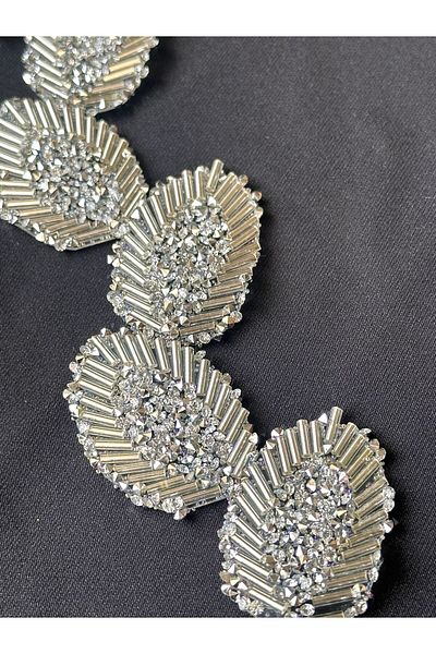 ODDA TASARIM ATÖLYESİ Colorful Silver Bead and Crystal Leaf Pattern Iron-On 1M Adhesive Design Ribbon