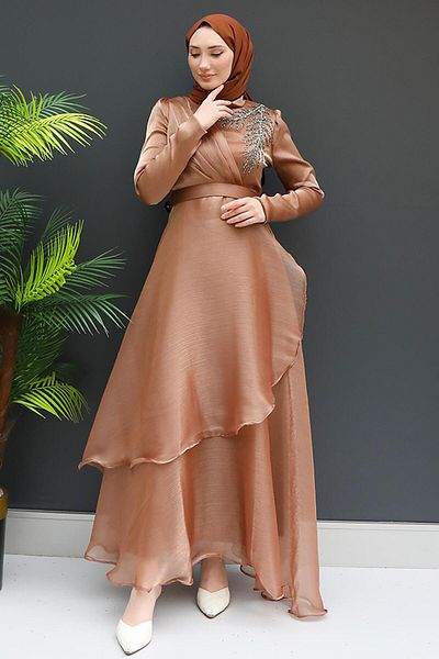 GİZ AGİYİM Βραδινό φόρεμα Organza με λεπτομέρεια από πέτρα σε καραμέλα