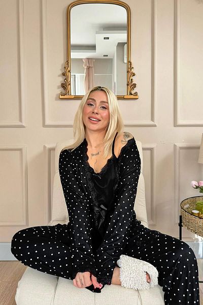 Pijamaevi Schwarzes Mini Point-Pyjama- und Morgenmantel-Set mit Bambusmuster für Damen