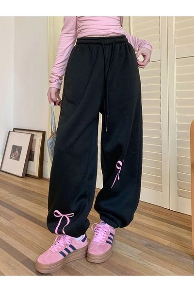 Köstebek Black Oversize Jogger Pants - Bow Printed Sweatpants