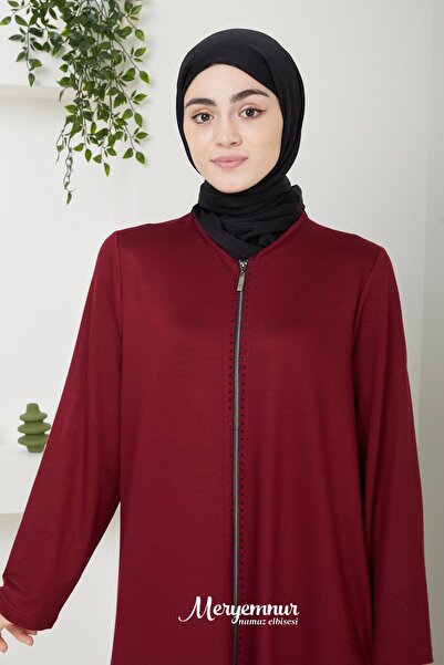 MERYEMNUR Taşlı Fermuarlı Namaz Elbisesi İki İplik Bordo