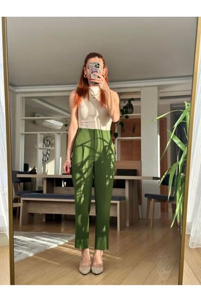 bonnline Pantaloni verde file cu talie înaltă