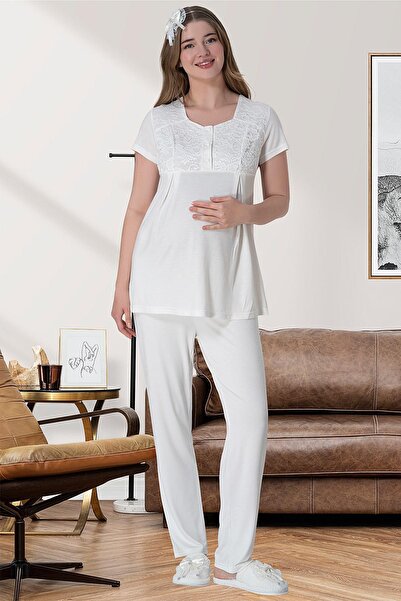 Mecit Pijama Набір для породіль з 4 предметів - бавовняний та віскозний комплект піжами для вагітних, нічна сорочка та халат, екрю