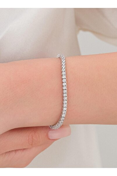 Tmt Silver 3mm Gümüş Beyaz Zirkon Taşlı Rodyumlu Pırlanta Montürlü Su Yolu Bi...