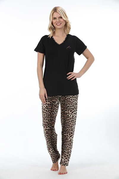 Etoile Σετ γυναικεία πιτζάμα με κοντό μανίκι, από μπαμπού, ελαστικό ύφασμα, με σχέδιο λεοπάρ