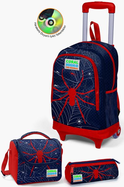 Coral High Navy Blue and Red Spider Patterned 3-Piece Bag Set - SET 0123920