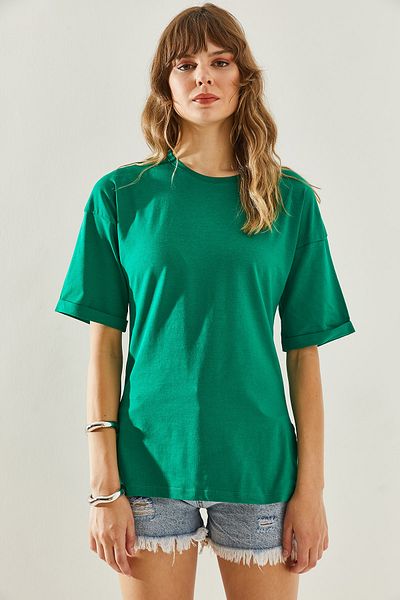 Bianco Lucci Crew Neck Women's T-Shirt with Slit Sleeve Detail - Short Sleeve Basic Model60251203