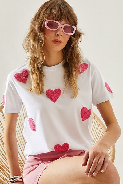 Bianco Lucci Süzene Herz besticktes Basic-T-Shirt für Damen -60251208