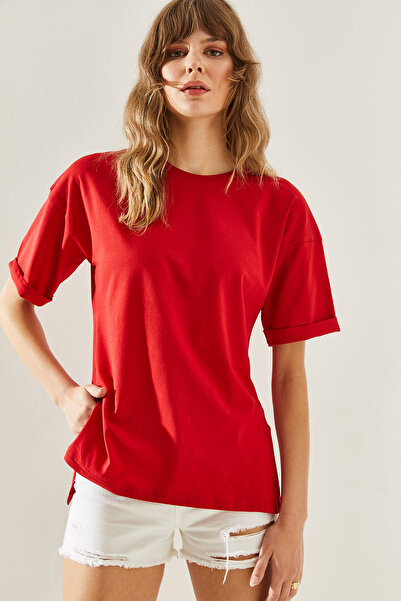 Bianco Lucci Crew Neck Women's T-Shirt with Slit Sleeve Detail - Short Sleeve Basic Model60251203