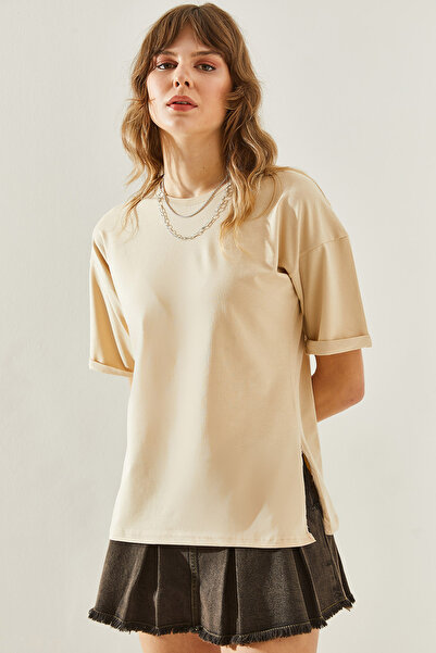 Bianco Lucci Γυναικείο μπλουζάκι Crew Neck με λεπτομέρεια με σκίσιμο μανίκι - κοντομάνικο Basic Model60251203