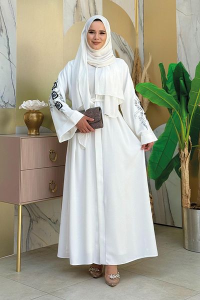 Bym Fashion Ecru Abaya 7898 - Κεντητό και ζώνη στη μέση